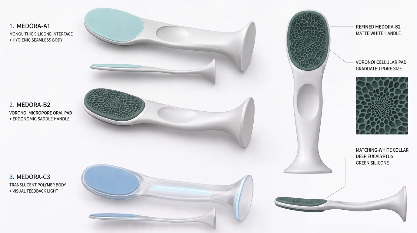 Silicone material and device concept variants in teal, grey and blue, with surface detail callouts