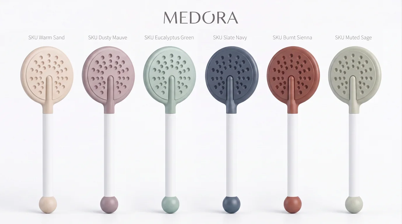 Pop Star device design family: six round perforated pads in warm sand, dusty mauve, eucalyptus green, slate navy, burnt sienna and muted sage