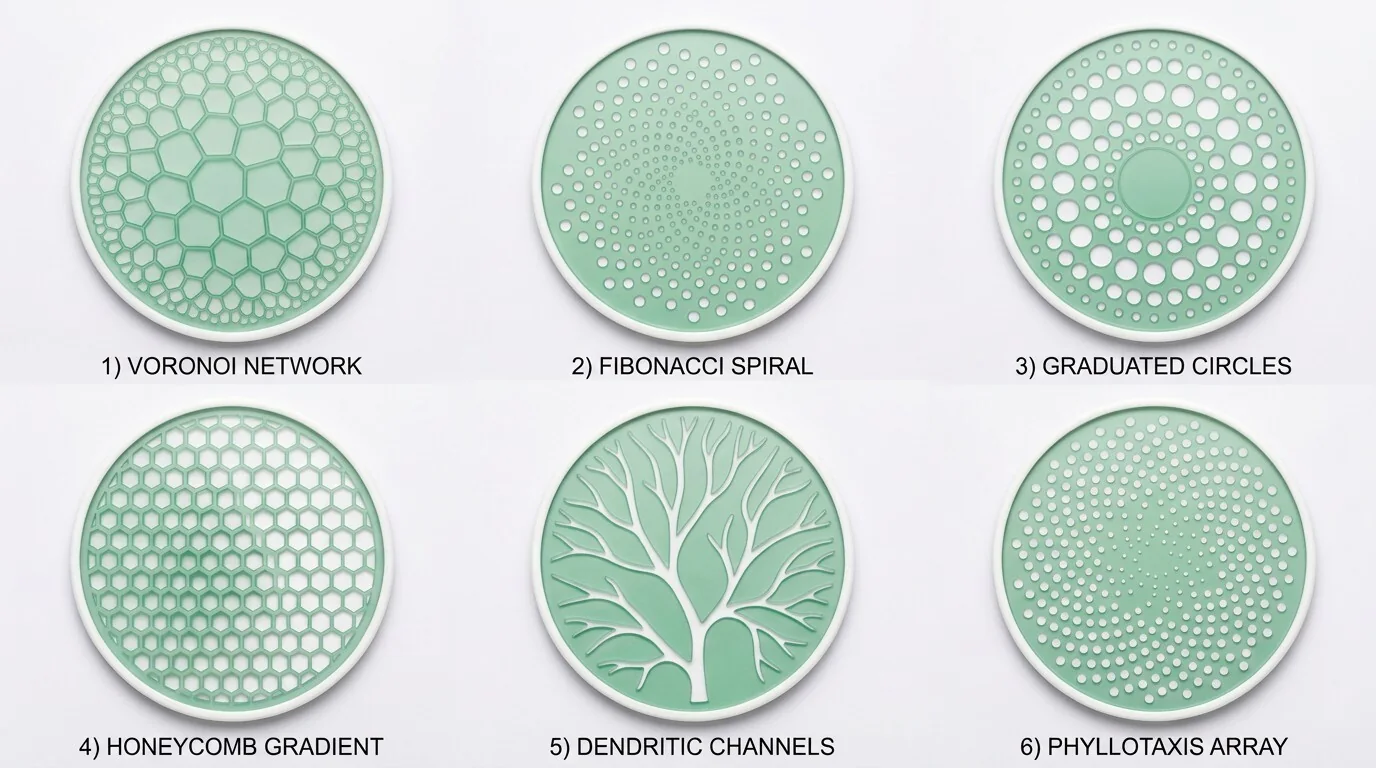 Six Pop Star release face patterns: Voronoi network, Fibonacci spiral, graduated circles, honeycomb gradient, dendritic channels and phyllotaxis array