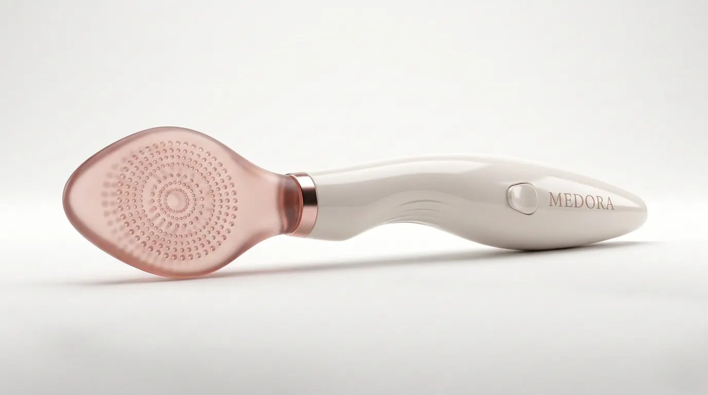 MEDORA Rx concept: a rose-coloured perforated pad on a pearl-white handle