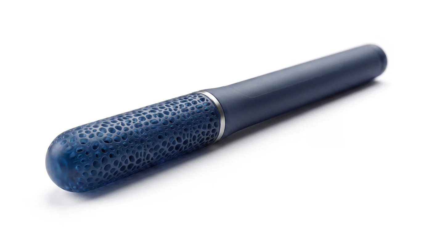 Navy blue Sigs device rendering with a porous surface texture on the contact end