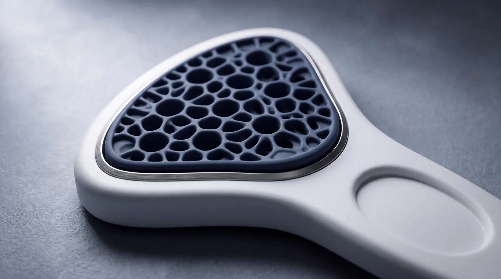 Close-up of a silicone pad with a honeycomb-like surface pattern on a white handle